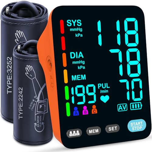Image of Blood Pressure Monitor, Automatic Upper Arm Blood Pressure Monitors for Home Use, 2 Blood Pressure Machine Cuff(9-17in & 13-21in) with Large LED Backlit Display, 3x199 Reading Memory Orange
