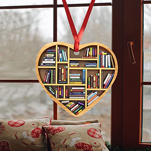 Talataca Bookshelf Heart Shape Book Lovers Nerd Bookworm Reader Writer 2D Flat Car Rear View Mirror Accessories Christmas Tree Ornament Decoration Hanging Charm Interior Rearview Pendant Decor Gift #TOP2