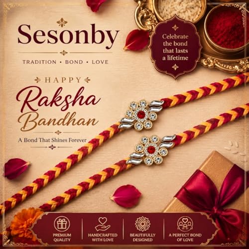 Image of 2 Pcs Traditional Floral Meenakari Rakhi with Roli Chawal, Red and Yellow Braided Thread Crystal Stone Centerpiece Rakshabandhan Rakhi for Brother Elegant Design Rakhis for Bhai
