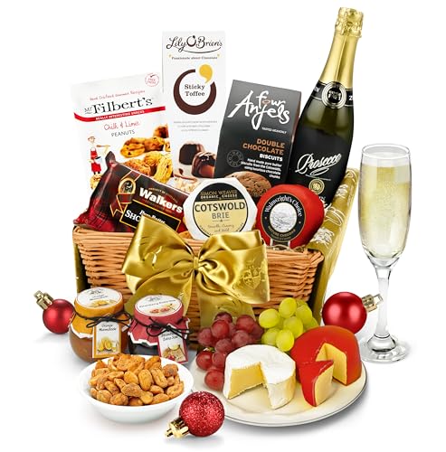 Downton Xmas Prosecco Gift Set - Premium Food & Sparkling Wine Hamper with Vintage Cheddar, Organic Brie, Shortbread & Artisan Chocolates - Christmas Prosecco Gift Baskets, from Regency Hampers