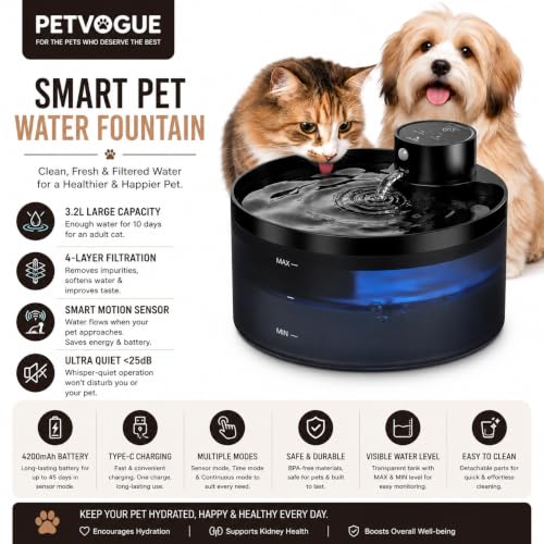 Image of PetVogue Smart Pet Water Fountain 3.2L Wireless Cat Water Fountain with Motion Sensor, 4-Layer Filtration, 4200mAh Rechargeable Battery, Ultra Quiet,Automatic Water Dispenser for Cats & Small Dogs