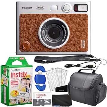 Câmera híbrida Fujifilm Instax Mini EVO (marrom) (16812534) com 20 folhas de filme instantâneo + 32 GB de memória + leitor de cartão de memória, capa + pano de microfibra + protetor de tela