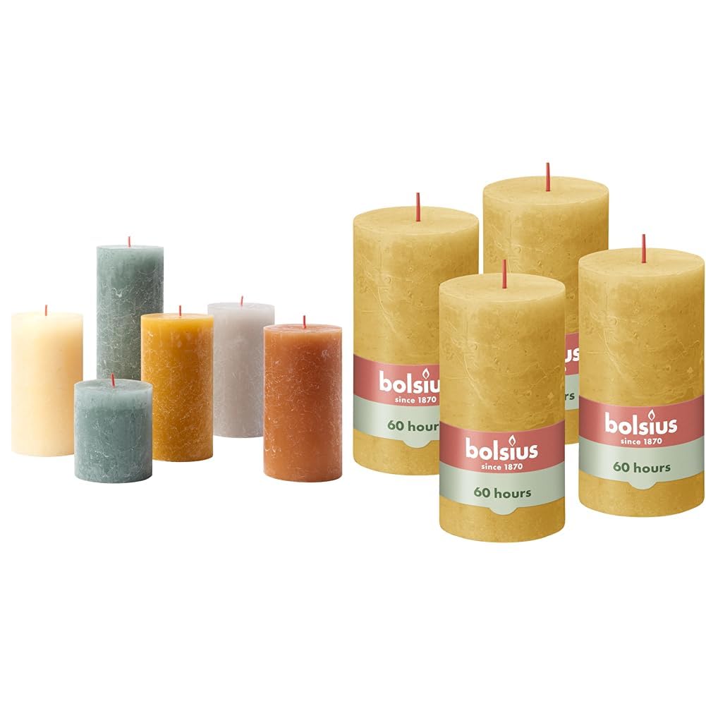 Bundle of Bolsius Juego de regalo de velas rústicas - Nordic Ambiance - caja de 6 - largo tiempo de combustión + Bolsius Vela de pilar rústica - Amarillo - 13 x 7 cm - Paquete de 4