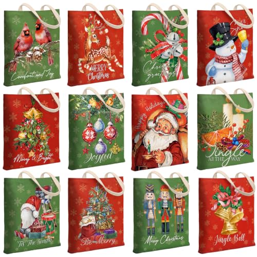 Image of Paterr 12 Pcs Christmas Canvas Tote Bags Bulk Reusable Red and Green Christmas Gift Bag with Handles Vintage Xmas Tree Santa Claus Cardinal Canvas Handbags for Women Xmas Gifts Farmhouse Party Decor