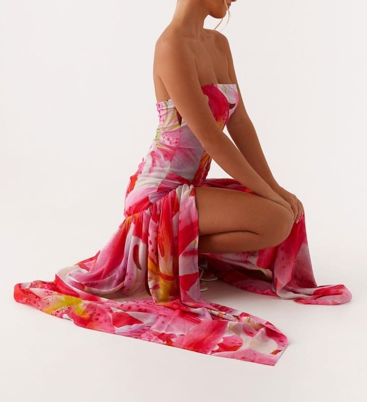 Image of Women Floral Strapless Maxi Dress Y2K Bodycon Tube Long Dresses Sexy Party Formal Cocktail Beach Slit Dress