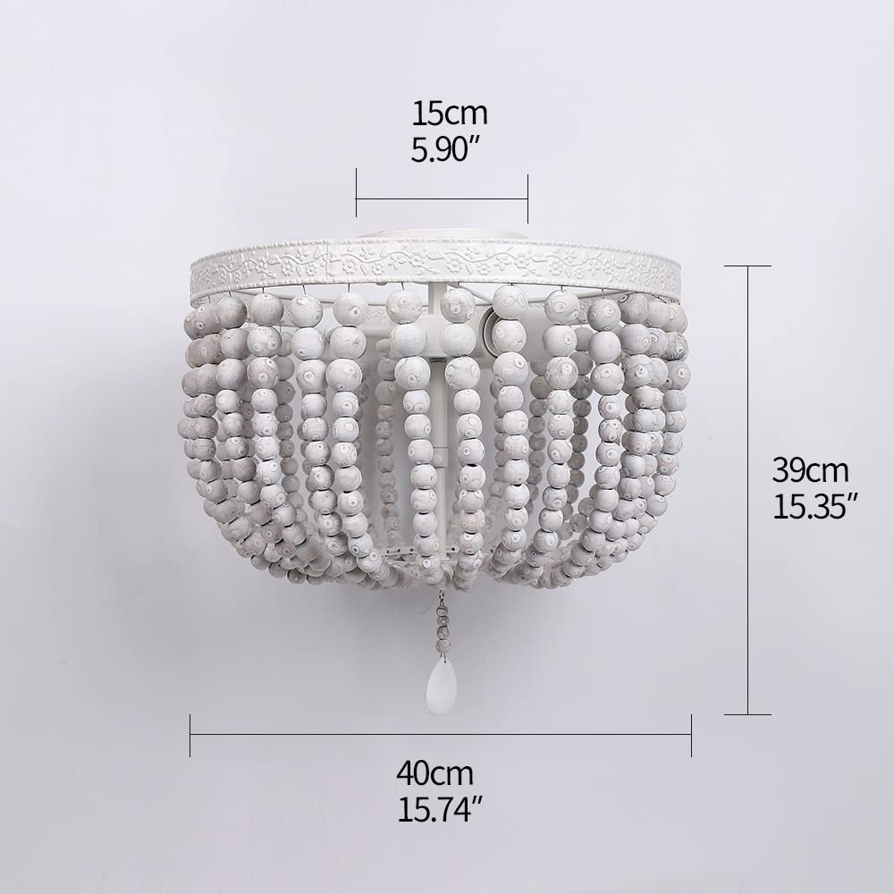 FIRVRE 3-Ligero Gris blanco Lámpara de Techo de Cuentas de Madera Natural Retro E27 Bohemian Esférico interior candelabro casa de campo Plafón para Comedor Dormitorio Sala de estar Restaurante