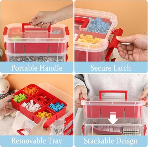 Image of plastic boxes for Storage transparent boxes for storage, Portable & Stackable Space Saving Organiser with Lid for Medicine, Jewelry, Arts & Crafts, Buttons, Beads (Red, 4 TIER WITH 2 TRAY)