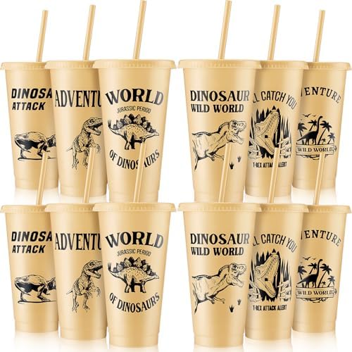 Mifoci 12 Pcs Dinosaur Cup with Lids and Straws Set 24 oz