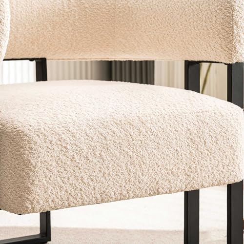 YOUNIKE Accent Chair Beige Upholstered Teddy Velvet Single Sofa Modern Corner Round Padded Armrest Club Boucle Armchair for Living Room Bedroom Office Hotel Lounge Nursery Apartment Black Metal Stand
