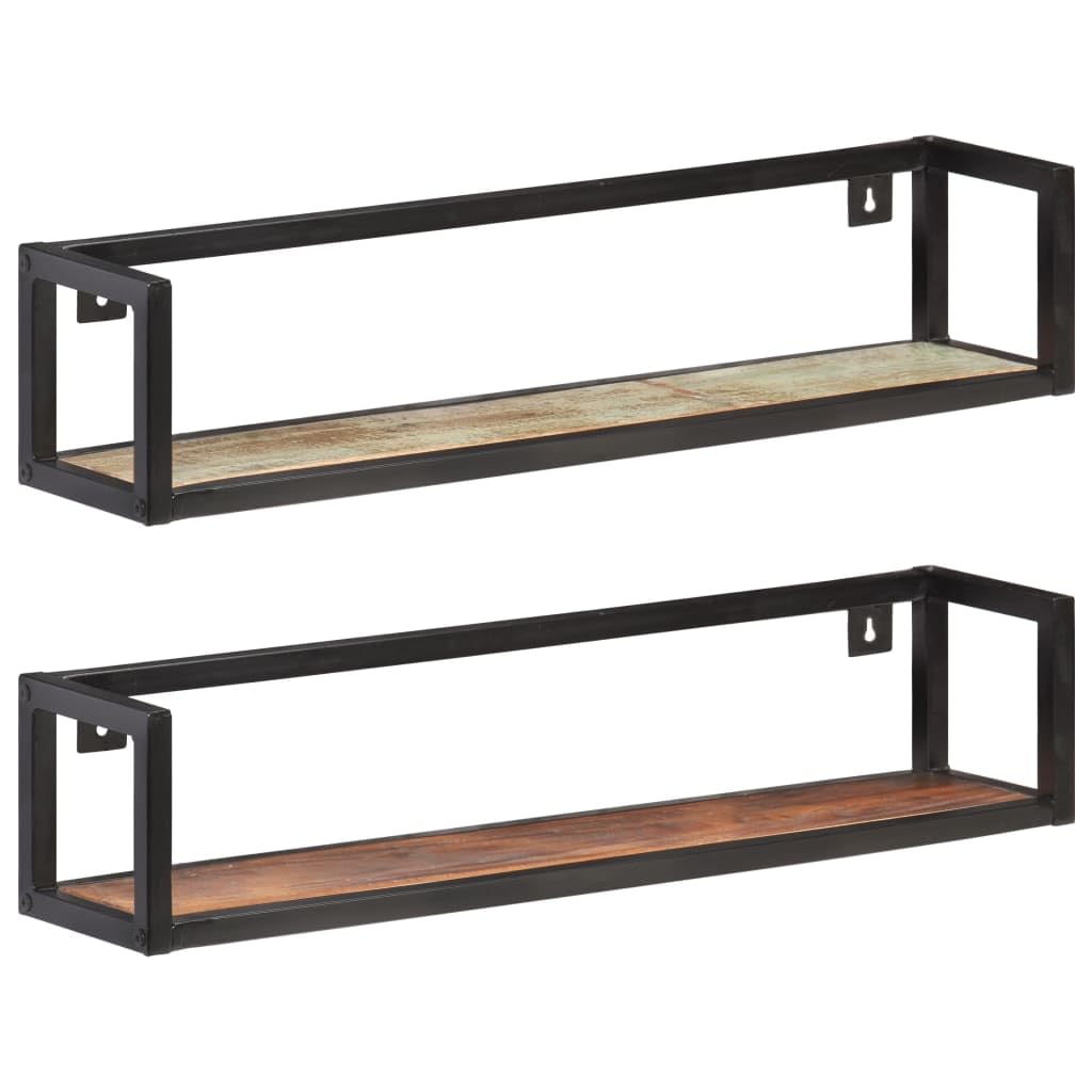 2er Set Wandregal Industrial Altholz Massiv 80 cm Recyceltes Holz Schwarz Schwebendes Regal mit Eisenrahmen für Wohnzimmer Küche Badezimmer Dekoration