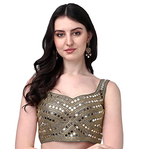 Image of Pujia Mills Women's Embroidery Work Real Mirror Sleeveless Readymade Blouse