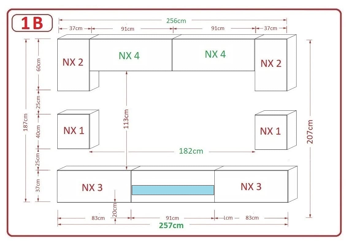 Besta DAN1-17W-HG2 1B: Modern Wohnwand für Wohnzimmer mit LED, Weiß, Hängend, Schrankwand mit Regalen und TV-Schrank