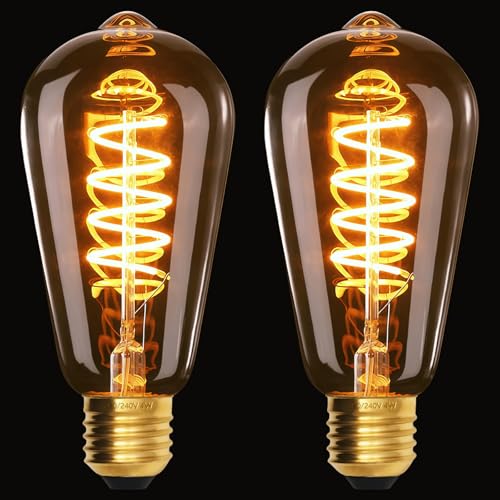 Terafeels 2 Pack E27 Vintage LED Light Bulbs ST64 4W 220-240V Spiral Filament 2200K Warm Yellow Glow Amber Glass Dimmable Edison Screw in Light Bulb