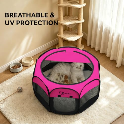 Image of Siedihit Dog Playpen, Puppy Pet Playpens Indoor for Small Dogs Tent Crates Cage Indoor /Outdoor, Portable Pop Up Dog Kennel Playpen with Carrying Case for Dogs /Cats /Rabbits, Hot Pink