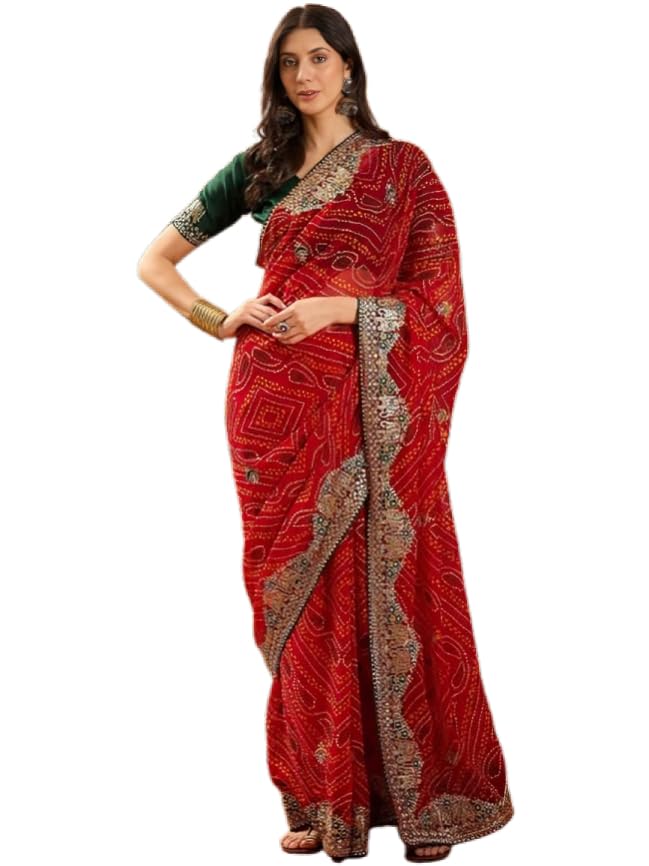 Image of Women's Georgette Bandhani Printed Embroidery Saree with Unstitched Blouse Piece