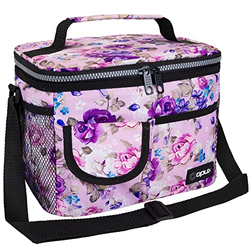 opux Insulated Lunch Bag for Men Women, Leakproof Floral Purple Lunch Box for Work, Portable Soft Lunch Cooler Bag with Shoulder Strap, Adult Lunchbox...