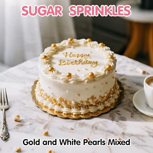 Image of Edible Pearl Sprinkles,130g,White Gold Candy Mixing Size,Baking Pearls Sprinkle Edible Cake Decorations Cupcake Toppers,Cookie Decorating Celebrations Wedding Birthday Party Supplies