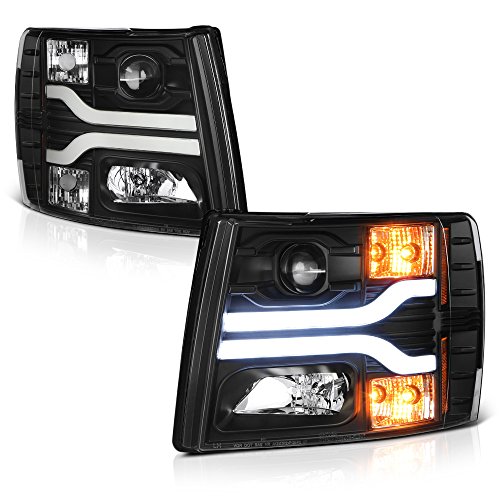 [For 2007-2013 Chevy Silverado 1500 2500HD 3500HD] OLED Neon Tube Black Projector Headlight Headlamp Assembly, Driver & Passenger Side