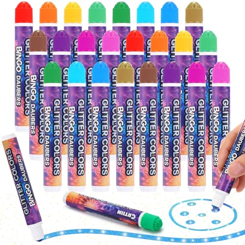 Crtiin 24 Pack Glitter Bingo Daubers Shimmer Dot Markers in 12 Glitter Colors Fluorescent Assorted Colors Set of Mini Dot Markers for Back to School Supplies DIY Painting Craft Bingo Supplies