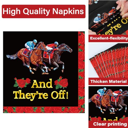 Image of Qyeahkj 100PCS Derby Day Plates and Napkins Party Supplies Horse Racing Tableware Set Kentucky Party Decorations Favor Racing Horse Roses Dinner Plates for Derby Day Celebrations Serves 25
