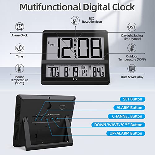 Atomic Clock Large Display, Digital Wall Clock With Indoor Outdoor Temperature And Date, Wireless Outdoor Sensor, Digital Desk Alarm Clock Battery Operated For Bedroom, Easy To Read, Black #TOP1