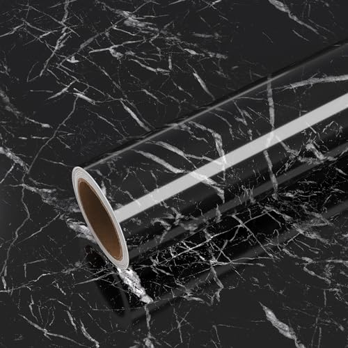 Image of VEELIKE Glossy Black Marble Contact Paper for Countertops Waterproof Peel and Stick Countertops Contact Paper 15.7''x118'' Self Adhesive Vinyl Marble Wallpaper for Kitchen Bathroom Counter Top Covers
