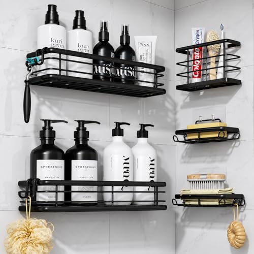 Kitsure Shower Caddy 5-Pack Rustproof Adhesive Bathroom Shelves No Drilling Shower Shelf Large Capacity Bathroom Storage Organiser 30 cm Black