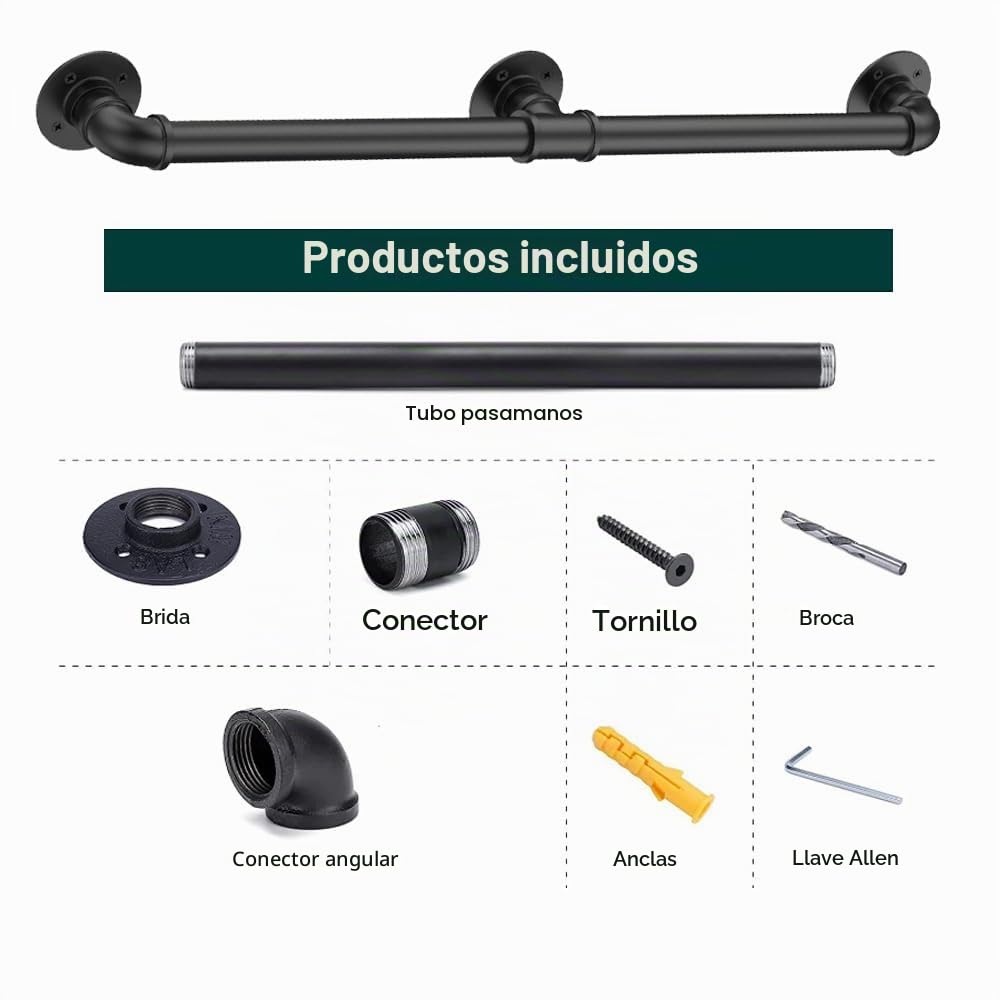 Pasamanos Escalera 3m, Magtctyae Barandilla Escalera Pasamanos para Escaleras Interiores Exteriores Antideslizante con Barandilla de Escalera de Barandilla de Tubería de Hierro pared Loft Ancianos