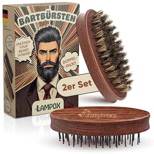 lampox® Männer Bartbürste, Bartstyling, Bartkamm, Haarbürste für kurze, mittellange und lange Haare - für die tägliche Bartpflege von 3-Tage-Bart oder Vollbart (2-er Set)