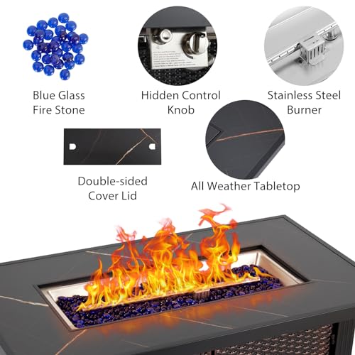Propane Fire Pit Table 44 inch Gas Fire Pit Table 50000 BTU, 2 in 1 Gas Firepit with Slate Tabletop, Steel Base, Glass Fire Stones, Waterproof Cover & Separate Storage Space, CSA Certification
