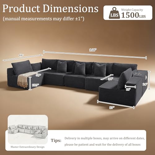 Image of 168 inch Cloud Sectional Couch, Comfort U Shaped Sofa for Living Room, Extra Deep Seats No Assembly, Minimalist Modular Couch, Corduroy (Dark Grey, 7 Seats,U-Shape B)
