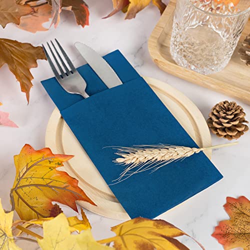 Linen-Feel Navy Blue Paper Napkins, 50 Pcs Cloth Like Dinner Napkins With Built-In Flatware Pocket, Pre-Folded Absorbent Napkins Disposable Guest Paper Hand Towels For Bathroom, Weddings Party Napkins #TOP5
