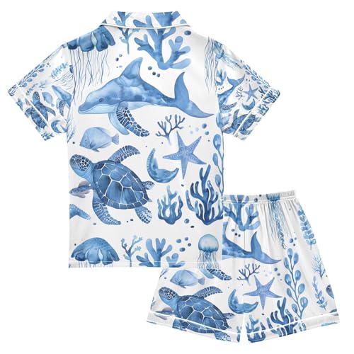 senya Sea Turtle with Whale Satin Summer Pajama Sets Silk Short Sleeve Button Down Sleepwear2