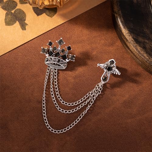 Image of coadipress Crown With Hanging Chain Brooch for Women Men Elegant Gentlemen Gold Silver Crystal Crown Lapel Pin Vintage Rhinestone Wedding Brooch Suit Shirt Pin Accessories