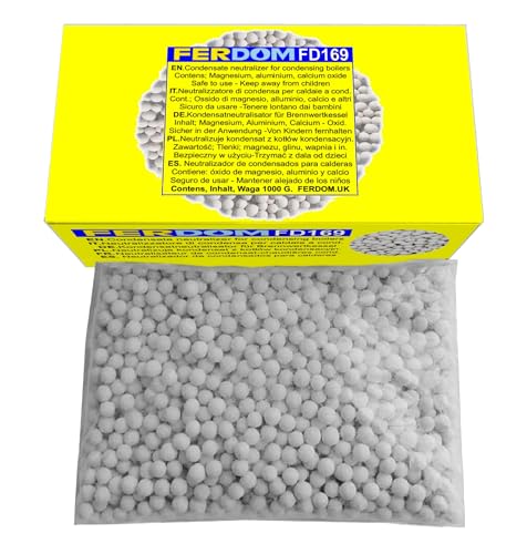 FERDOM FD169 1kg. Neutraliseur de Condensat Pour Tous les Types de Chaudières à Condensation. Protège le Système d'eaux Usées et l'Environnement Aquatique. Granulés 5-10mm. Niveau pH 8-10.
