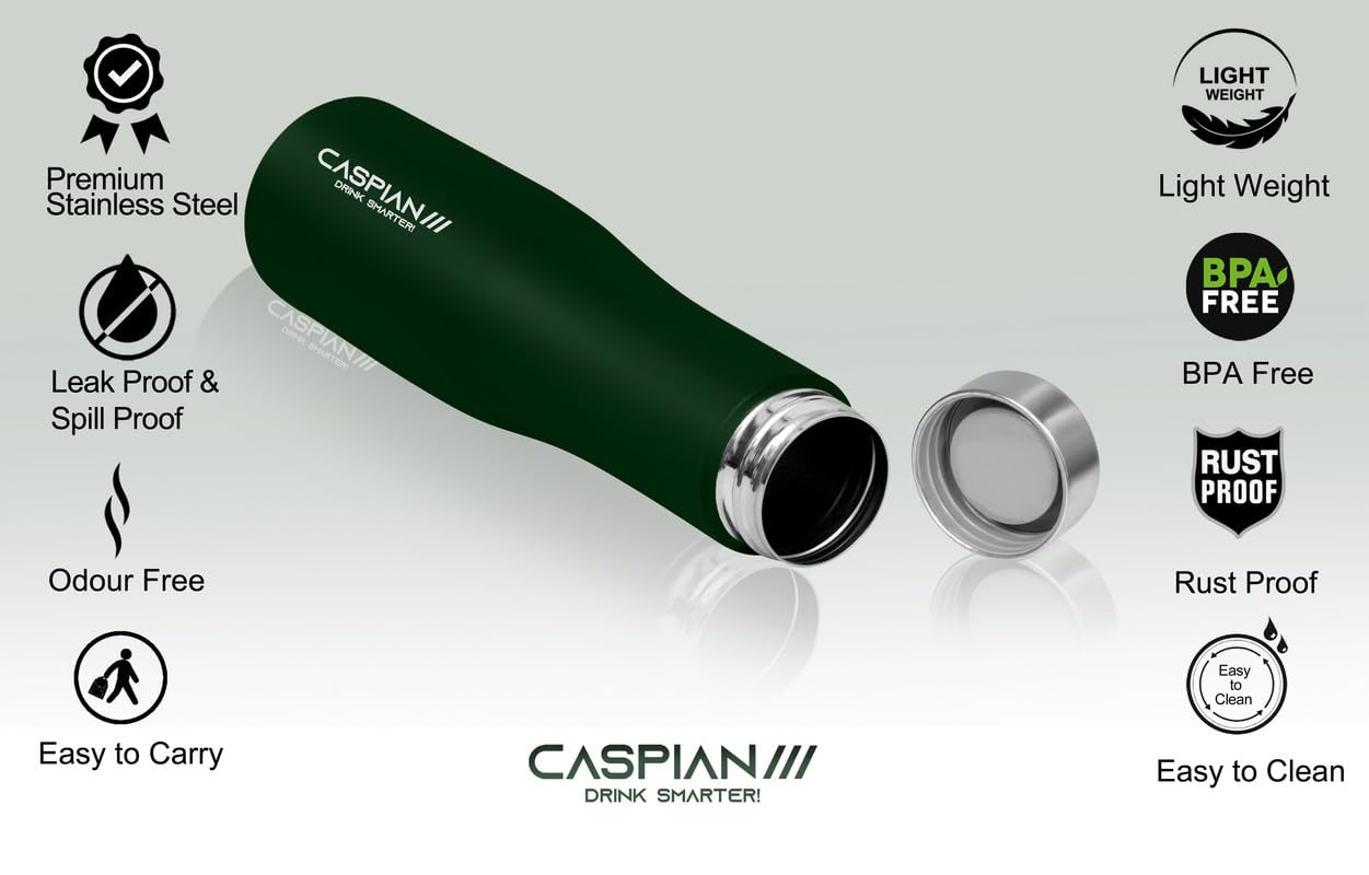 CASPIAN /// Aqua Stainless Steel Water Bottle (Green, 1 Litre, Set of 6)| Leak Proof Thunder for Fridge Home Office Travel School Kids Boys Girls Adults Sports Gym Yoga 2