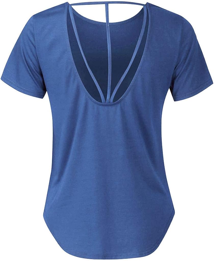 Womens Summer Backless Criss Cross Casual Short Sleeve Tunic T-Shirt Tops Blouse at  Women’s Clothing store