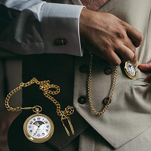 Image of Peugeot Men's 14Kt Gold Plated Vintage Pocket Watch with Chain, 40mm Open Face, Engravable with Easy to Read Roman Numbers