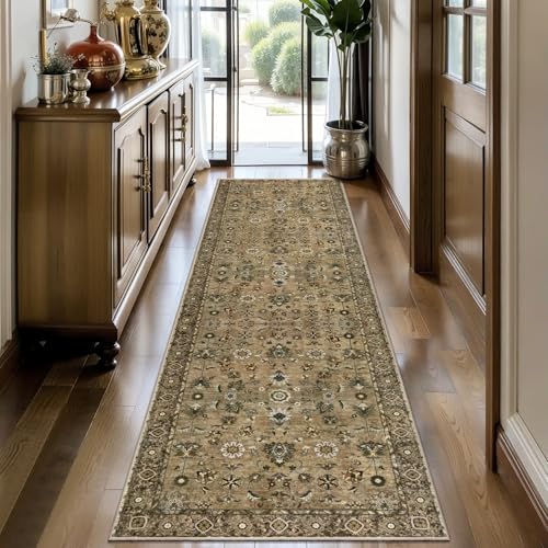 Image of 2x10 Hallway Runner Rug, Washable Non-Slip Vintage Floral Boho Runner Rug for Hallway Entryway Indoor, Brown Print Carpet,Soft Low Pile Long for Kitchen Bedroom