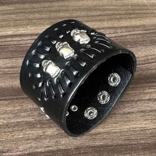 Punk Rock Alloy Three Skull Head Braided Wide Pu Leather Cuff Bracelet4