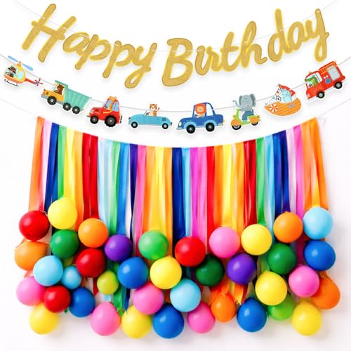 Image of Rozi Decoration Kids Birthday Decoration Kit with Golden Happy Birthday Banner, Vehicle Cutout Bunting, Multicolor Crepe Paper and Latex Balloons for Jungle Theme Birthday Decoration Pack of 38 Pcs