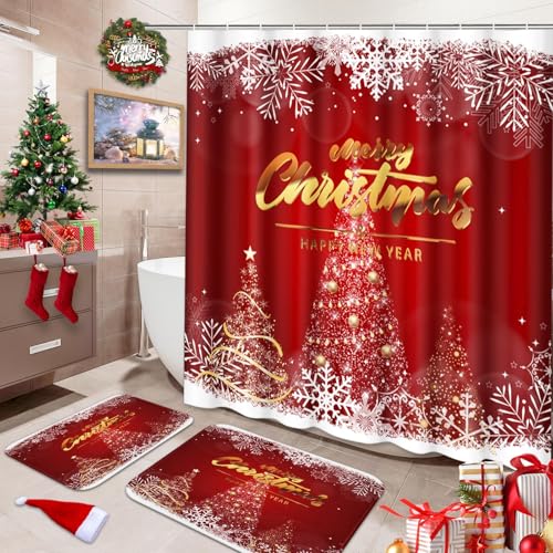 Britimes Bathroom Set Shower Curtain and Bath Rugs Christmas Snowflake