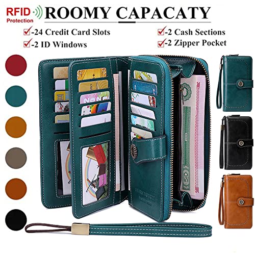 Image of Women Leather Wallet Crossbody Shoulder Bag with Double Zipper and Mobile Phone Purse with Shoulder Strap