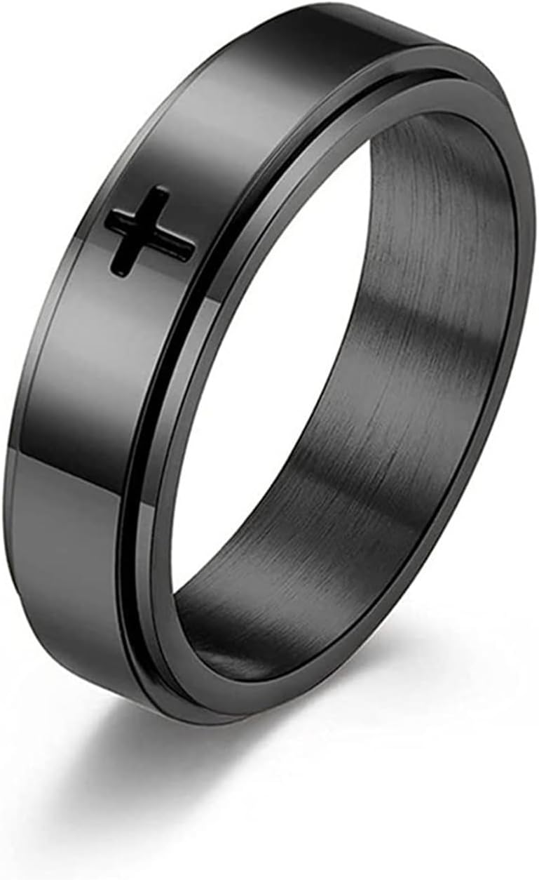 Minimalist Cross Stainless Steel Spinner Ring Anxiety Stress Relieving Rotating Fidget 6mm Band Rings for Men Women Christian Religious Relief Couple Cool Jewelry