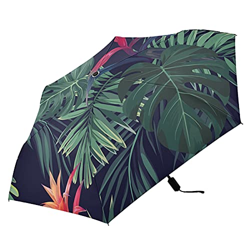 Parapluie anti-UV résistant compact avec motif feuilles de palmier royal pour voyageur
