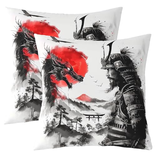 Loussiesd Japanese Samurai Pillow Covers for Home Sofa Bed Couch Mount Fuji Throw Pillow Covers for Kids Boys Girls Dragon Cushion Coversting Sun Pillowcases, 50x50cm Set of 2