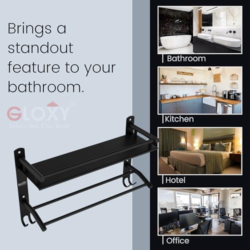 Image of GLOXY Black Matte Finish Washroom Storage Organizer - Premium Bathroom Stainless Steel Shelf with Towel Holder Rods - Bathroom Fittings Accessories Set for Home, Office. Hotels & Restaurants