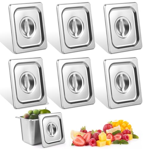 6 Pcs Notched Hotel Pan Cover Stainless Steel 1/6 Size Food Pan Lids with Handle Steam Pan Covers for Restaurant Hotel Commercial Food Storage Containers Covers