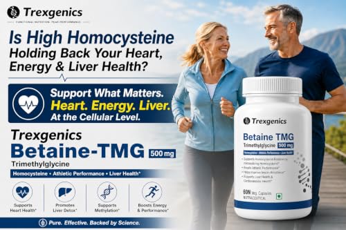 Image of Trexgenics BETAINE - TMG (Trimethyglycine) 500 MG Homocysteine Balance, Liver Care, Athletic Performance Support (60 Veg Capsules) (Pack of 2)