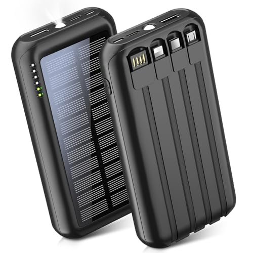 Chargeur Solaire 26800mAh PowerBank Portable USB C 4 Sorties 3 entrées, Chargeur de téléphone avec 4 câbles et Lampe de Poche, indicateur 4 LED téléphon 4 câbles et Lampe de Poche, indicateur 4 LED
